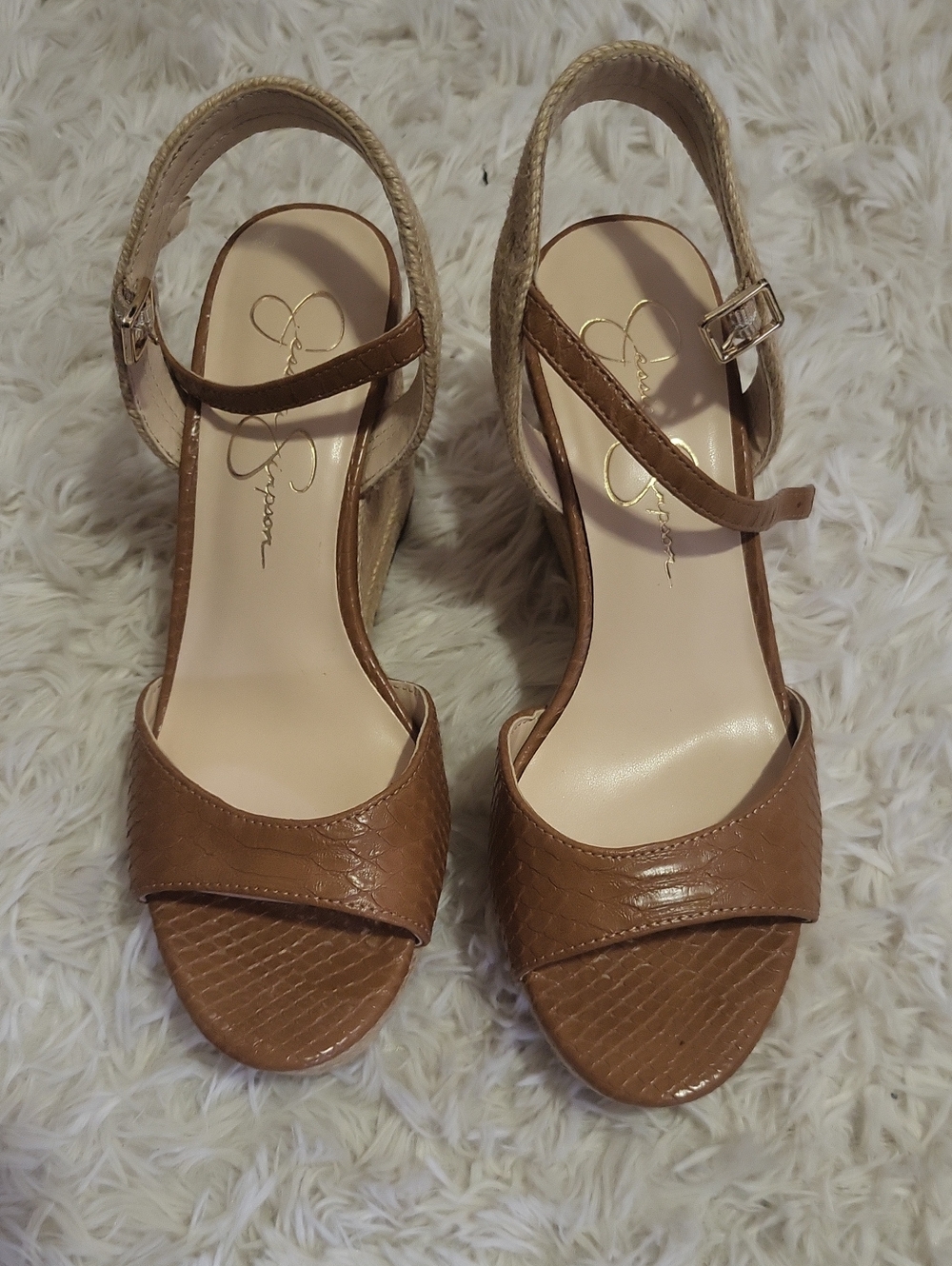 Jessica Simpson Tan Textured Ankle-Strap Wedge Sandals